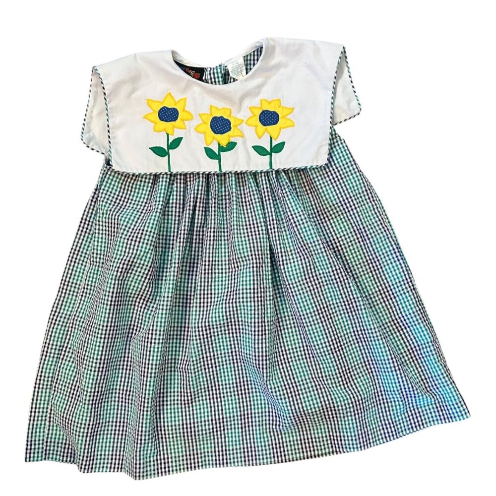 Vintage Gingham Sunflower Embroidered Bib Collar Picnic Dress 6X